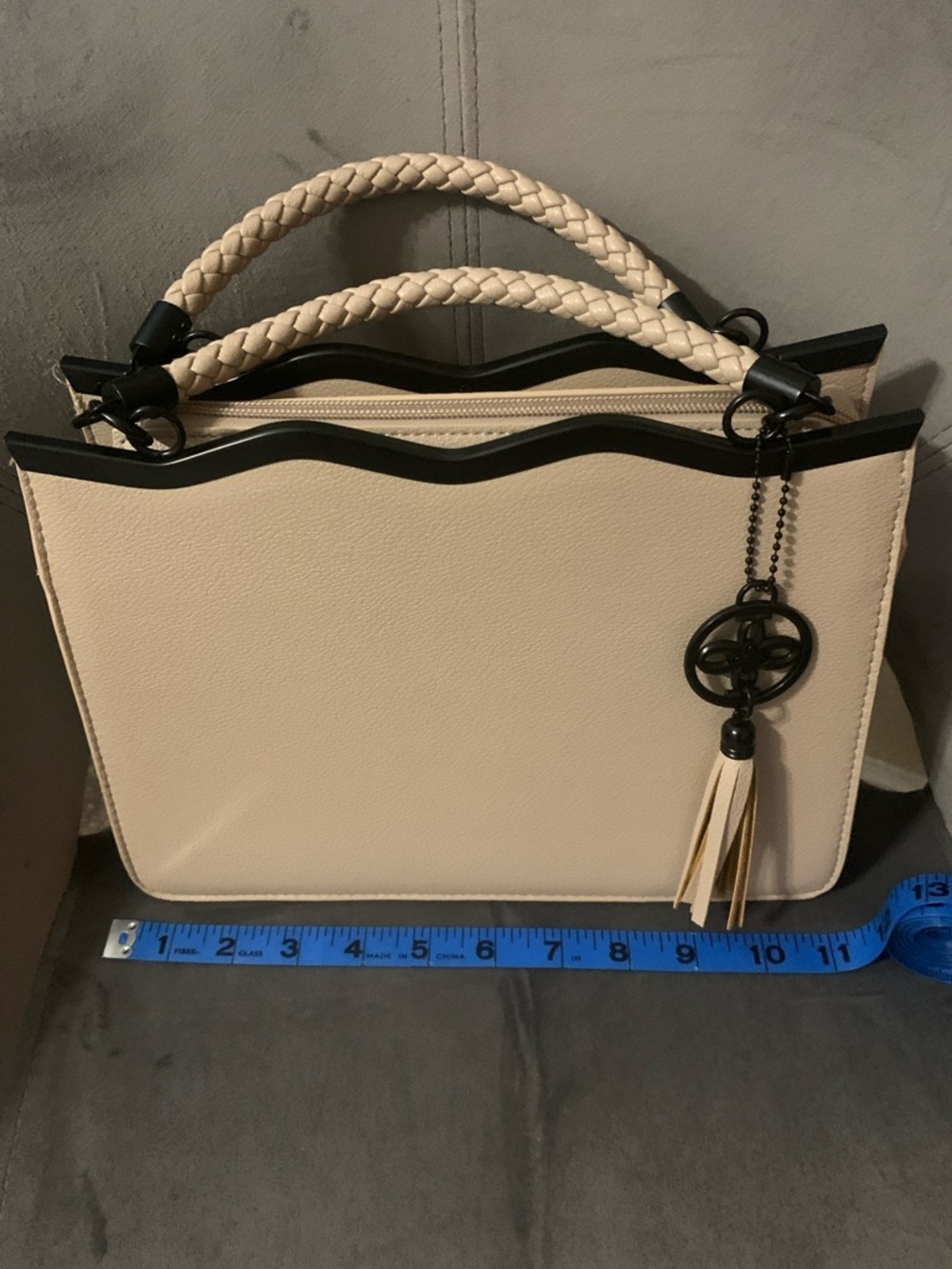 Cream and Black Trim Satchel with Braided Handles and Tassel Charm - Picture 2 of 7